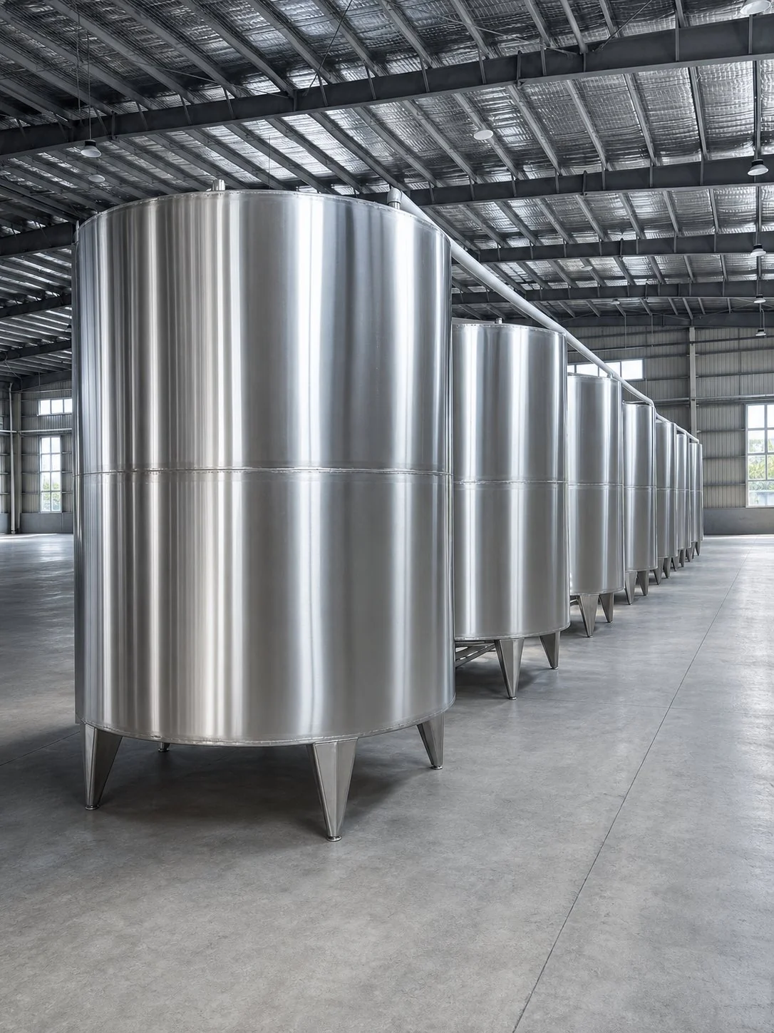 Stainless-steel holding tanks at the new Everwell Bio production line, installed and tested