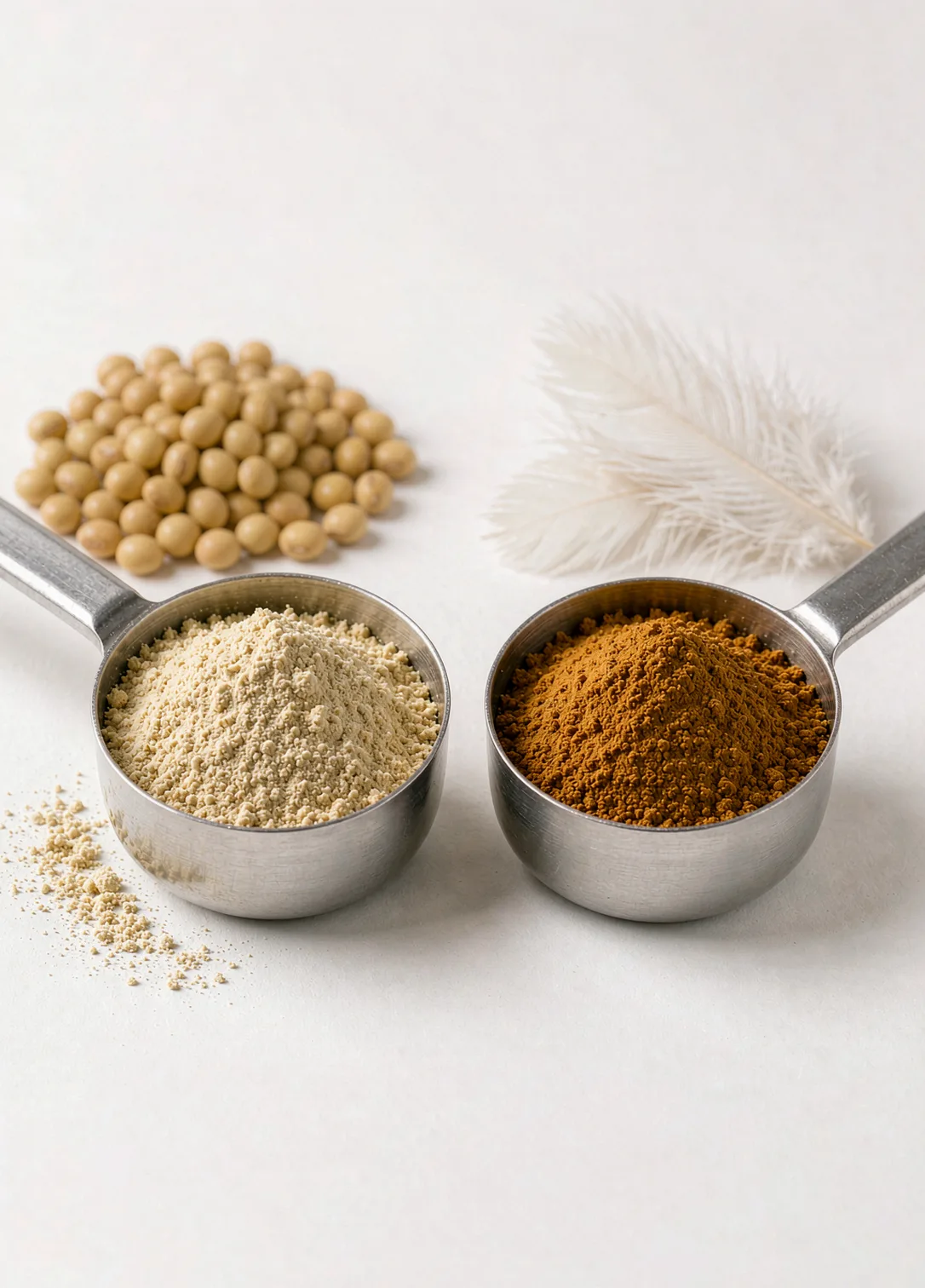 Side-by-side comparison of plant-source soy amino acid powder and animal-source feather amino acid powder in stainless steel scoops