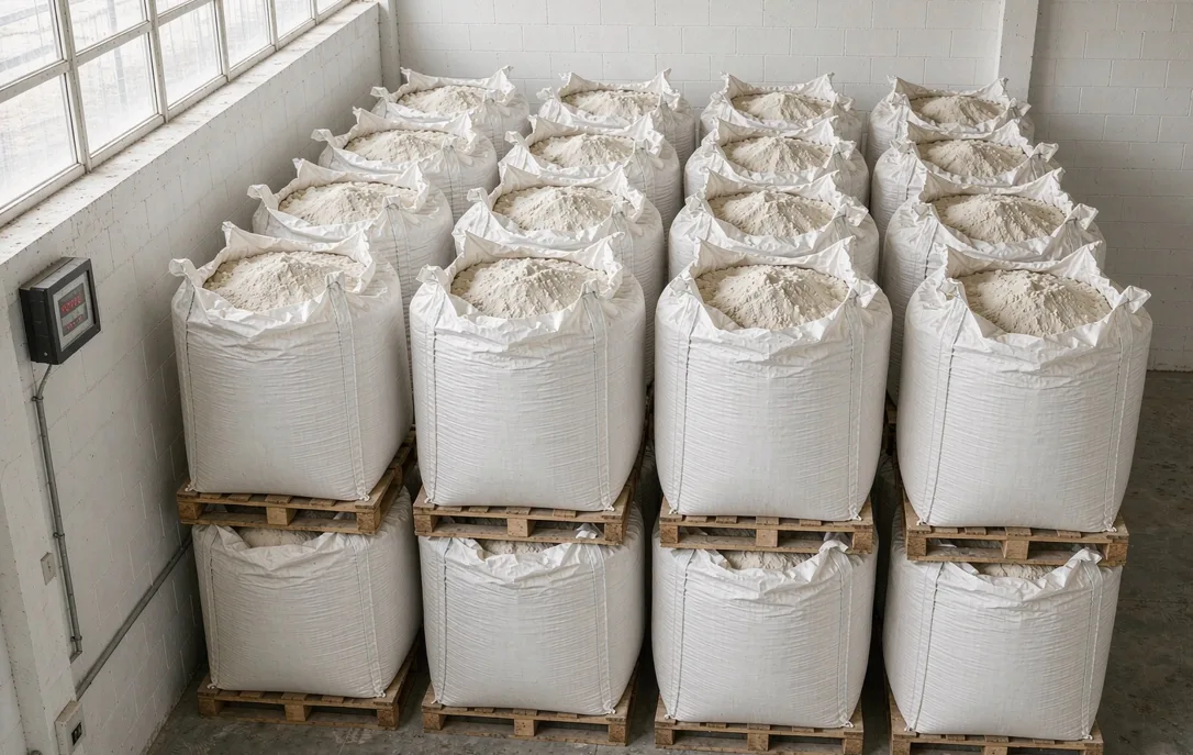 Neatly stacked woven bags of amino acid powder fertilizer stored on pallets in a clean, ventilated warehouse