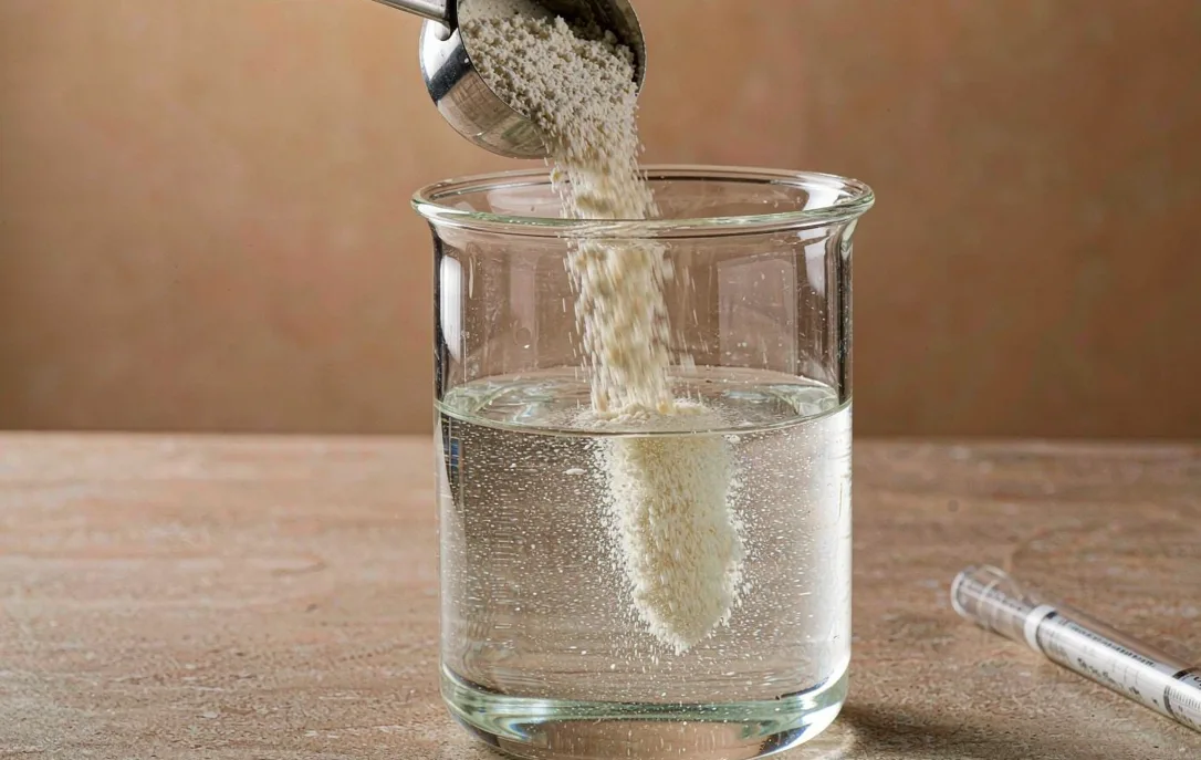 Amino acid powder dissolving in a clear glass beaker of water with a stainless steel scoop and thermometer nearby