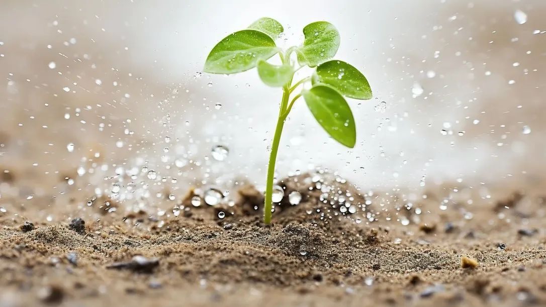 Mano regando una joven planta verde en un campo, ilustrando la respuesta visible del cultivo tras la aplicación de fertilizante de aminoácidos