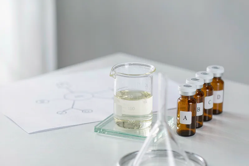 Laboratory beaker with amino acid solution and amber vials of trace elements Fe, Zn, Cu, Mn