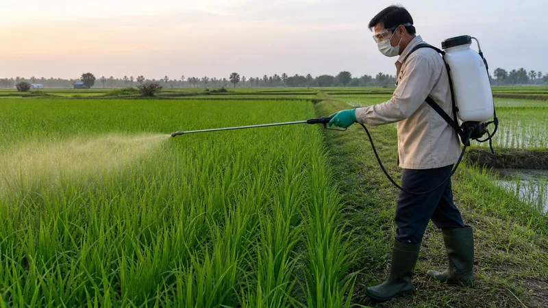 Farm worker applying a controlled foliar spray to rice at the active tillering stage