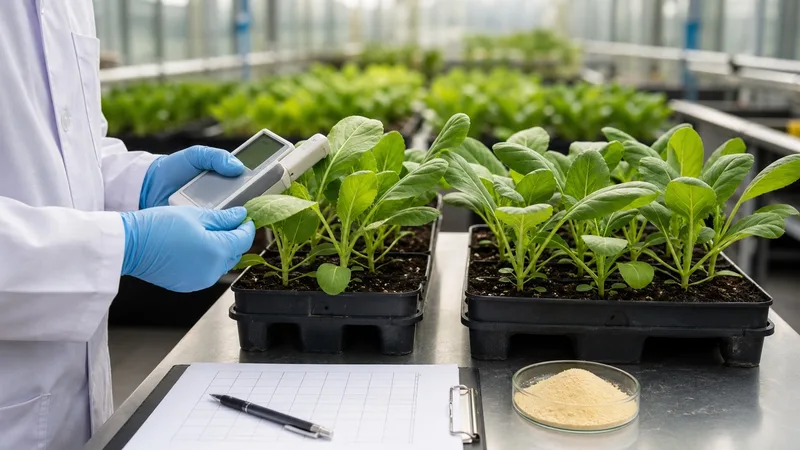 Agronomist measuring crop leaf response in a controlled amino acid fertilizer comparison trial