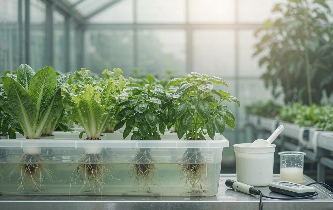 قناة NFT للزراعة المائية مع خضروات ورقية وكأس زجاجية من محلول الأحماض الأمينية على طاولة عمل