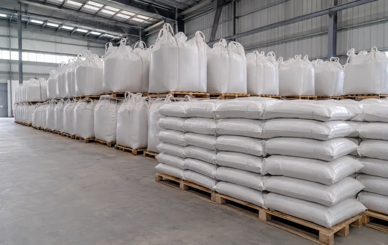 Sealed bags of amino acid powder stored on pallets in a clean, dry warehouse
