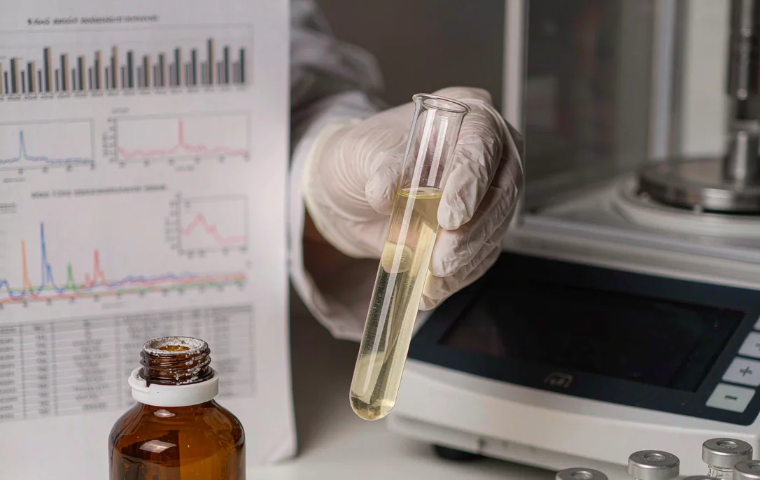 Laboratory bench with a test tube of pale yellow amino acid solution, an amber reagent bottle and a printed COA showing bar charts