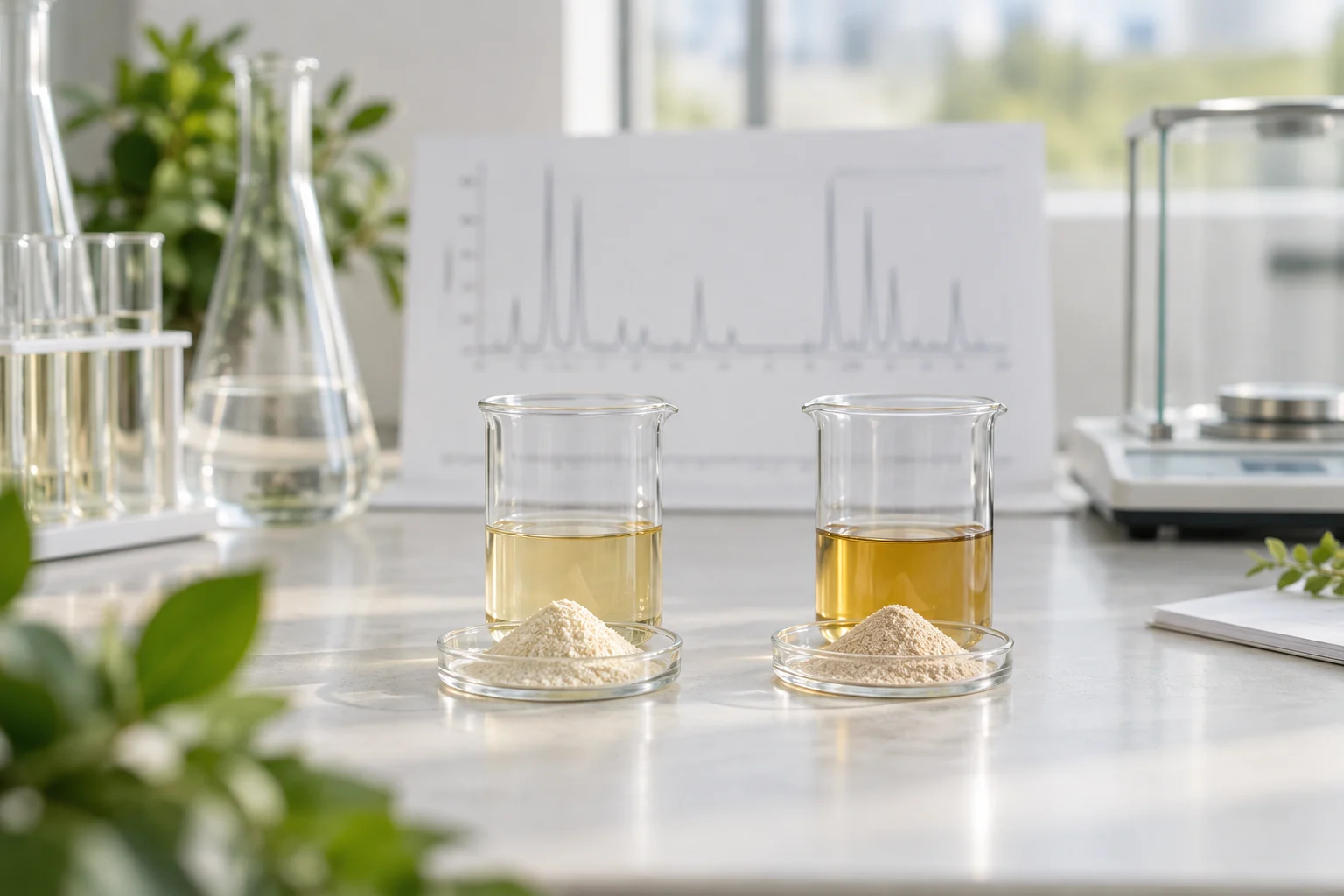 Illustrative lab scene with two amino acid powder samples and analytical traces