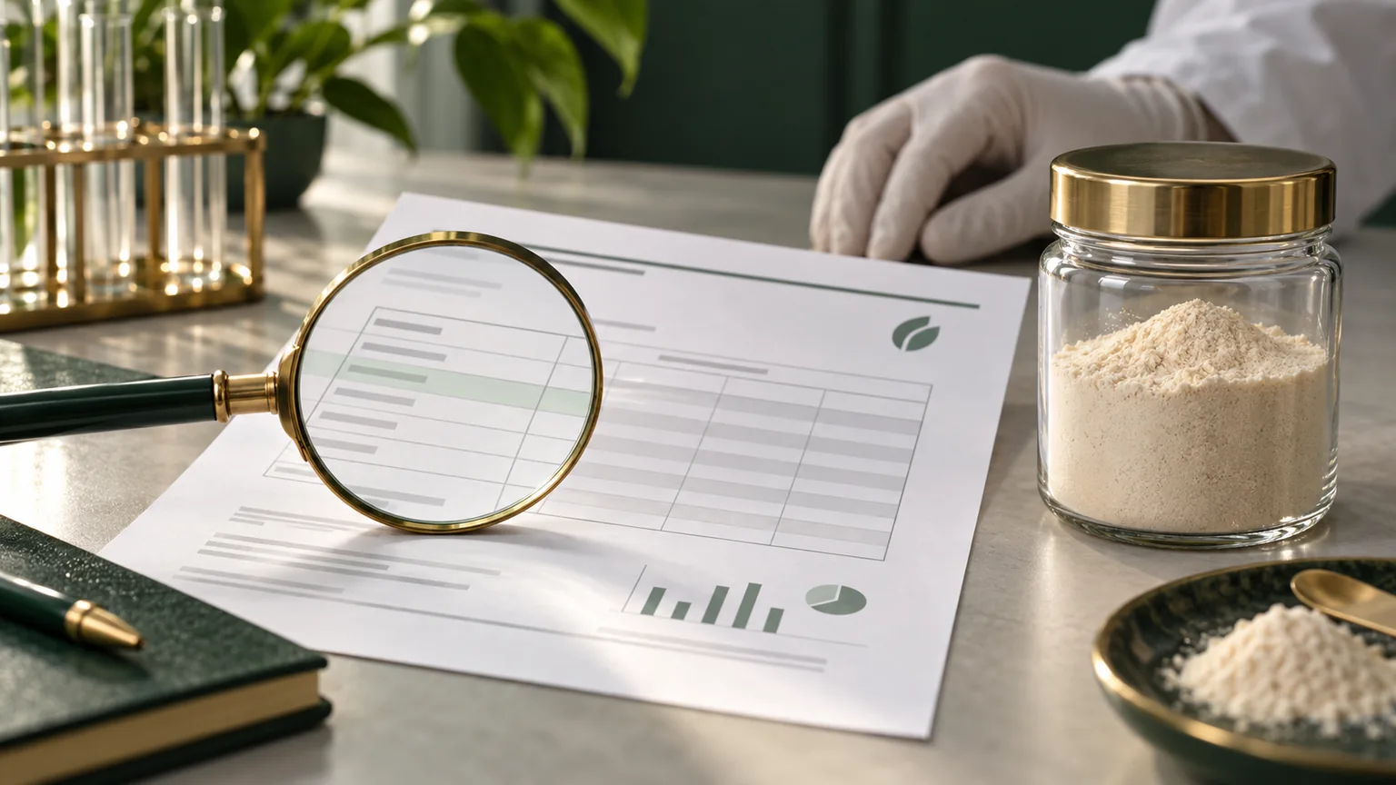 Illustrative certificate of analysis, magnifying glass and amino acid powder sample on a laboratory desk