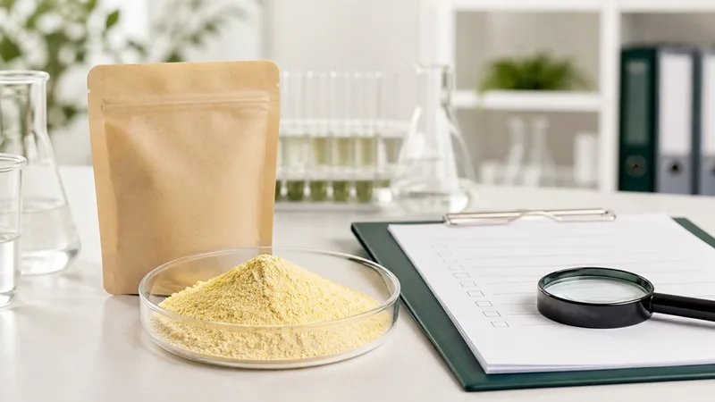 Amino acid powder sample beside a product-document checklist and magnifying glass for organic-input eligibility review
