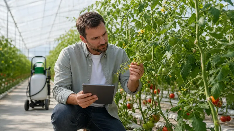 Agronomist inspecting tomato flowers and fruit stages before scheduling an amino acid fertilizer application