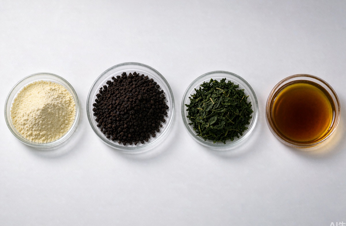 Four petri dishes side by side: yellow amino acid powder, dark brown humic acid granules, green seaweed extract flakes, and amber liquid fish protein
