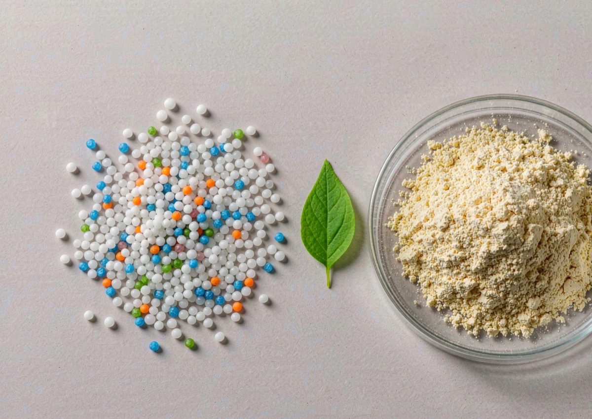 Side-by-side comparison of colorful NPK fertilizer granules and fine amino acid powder