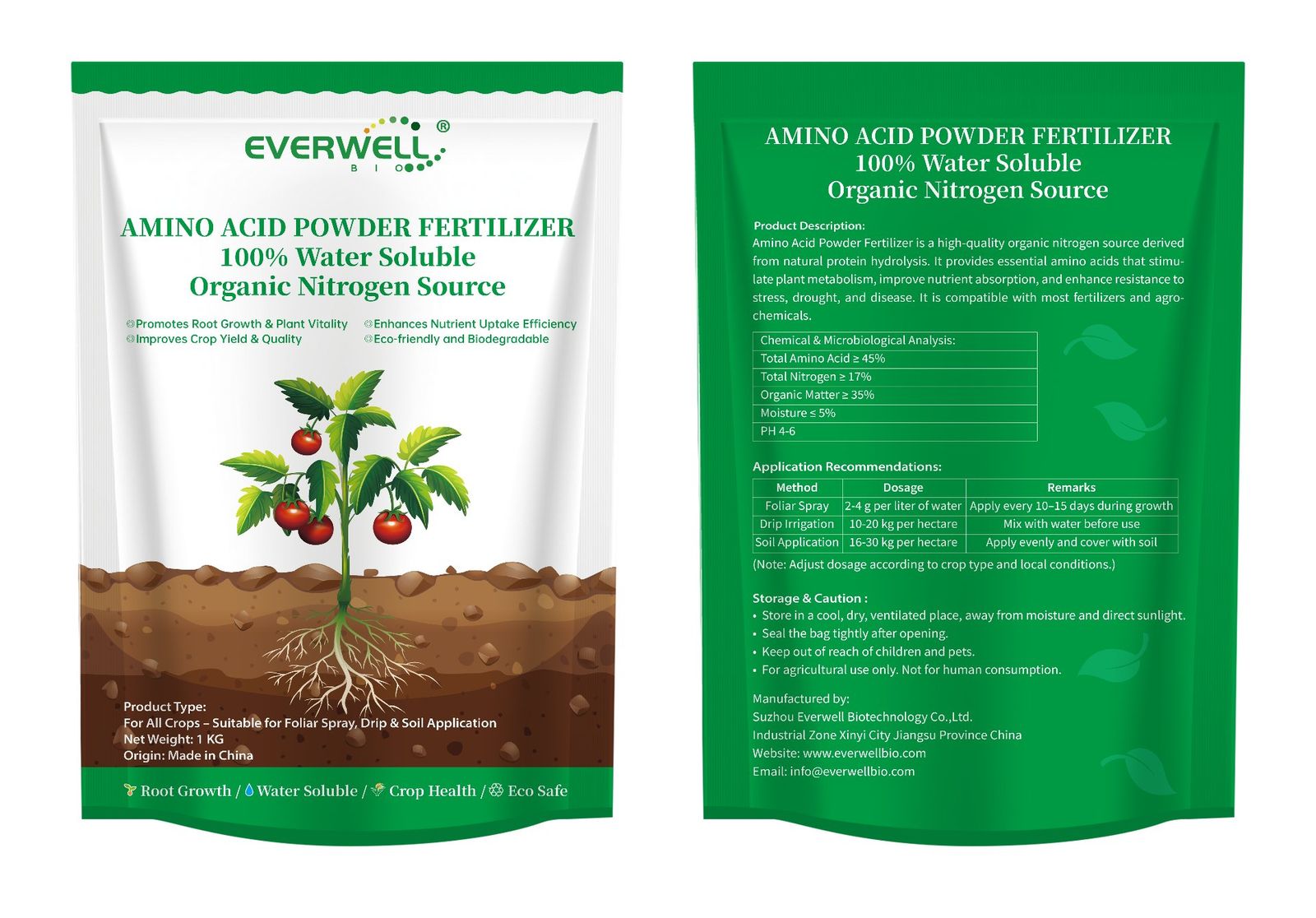 Everwell 1kg retail pouch — green design with tomato root system