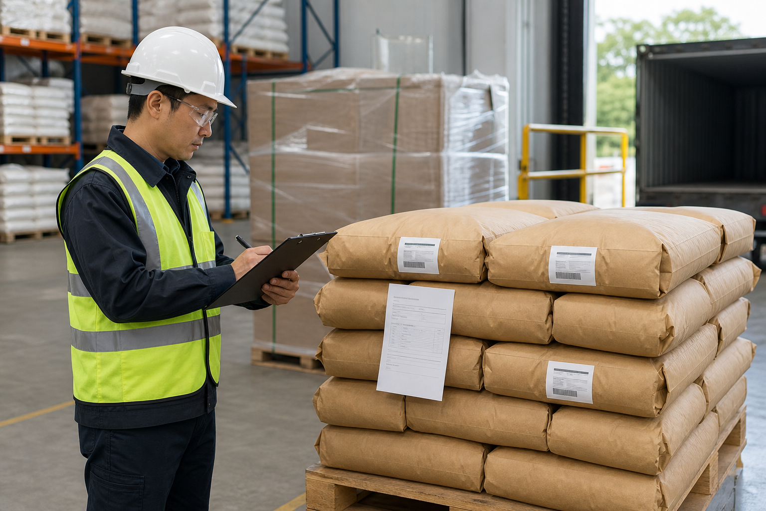Inspector checking amino acid powder packaging labels and export documents